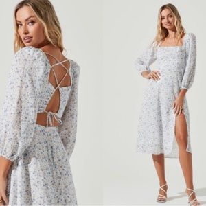 ASTR/Audette Square Neck Floral Cutout Midi Dress - BLUE WHITE DITSY / L